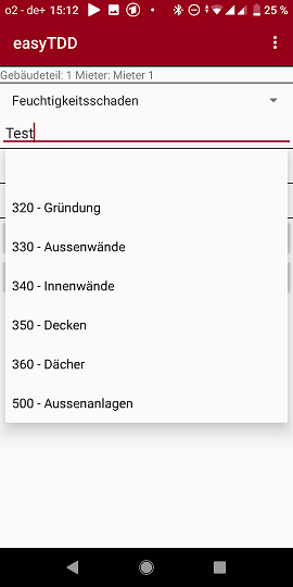 Screenshot Mangelbildschirm mit Kostengruppendropdown "baulich".